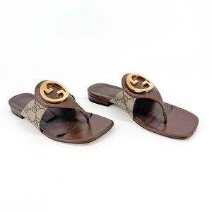 Gucci Blondie GG Flat Thong Sandals Beige Monogram Leather Size 37 US 7 Women